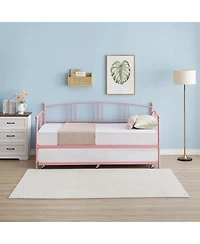 gaomon Twin Metal Daybed with Pullout Trundle, 6 Casters, Steel Slat Support Sofa Bed, No Box Spring Needed, Pink Daybed for Living Room, Bedroom