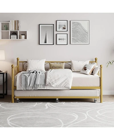 Gaomon Twin Size Metal Daybed Frame with Trundle Heavy Duty Metal Slats, Mattress Foundation Platform Sofa Bed with Headboard for Bedroom