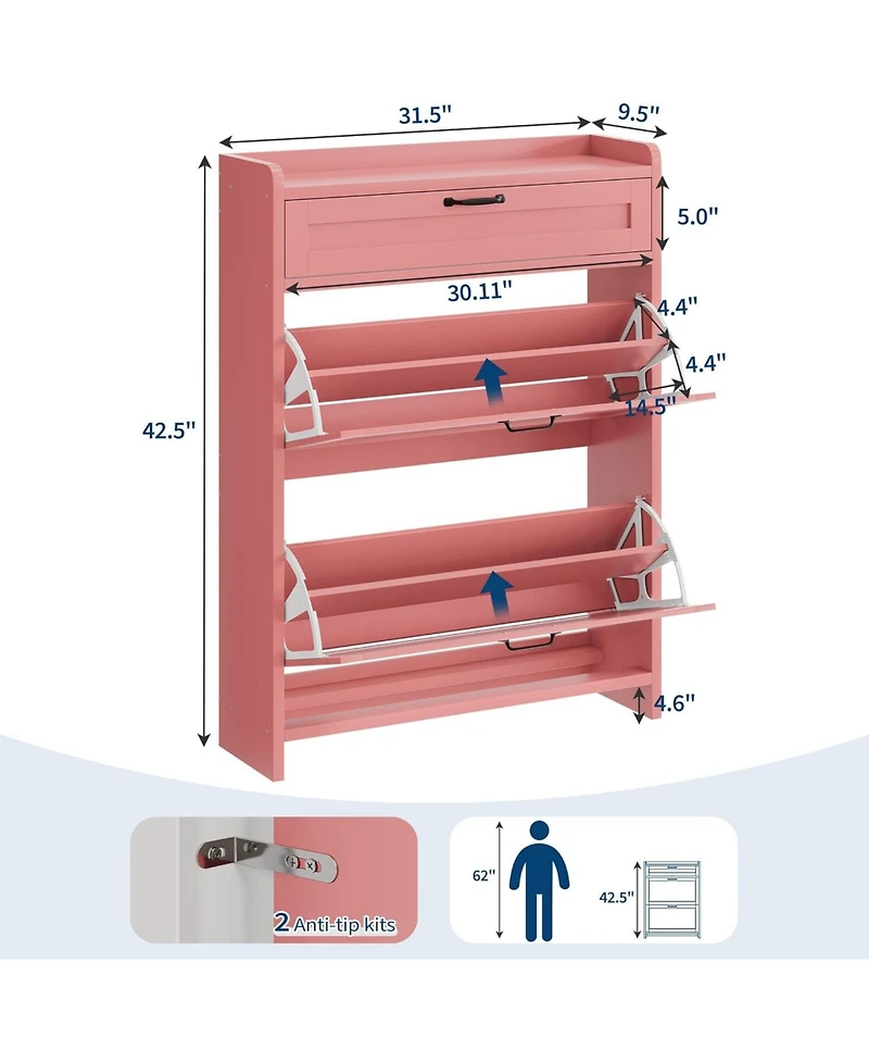 gaomon Shoe Cabinet with 2 Flip Drawers & 1 Top Drawer, Space-Saving Wooden Shoe Storage Cabinet with Adjustable Shelf for Entryway
