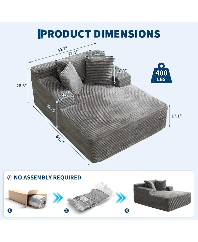 gaomon 50" Oversized Chaise Lounge Indoor, Corduroy Boneless Sofa Bed with 3 Pillows, Deep Seat Sleeper Couch Reading Chairs for Living Room Bedr