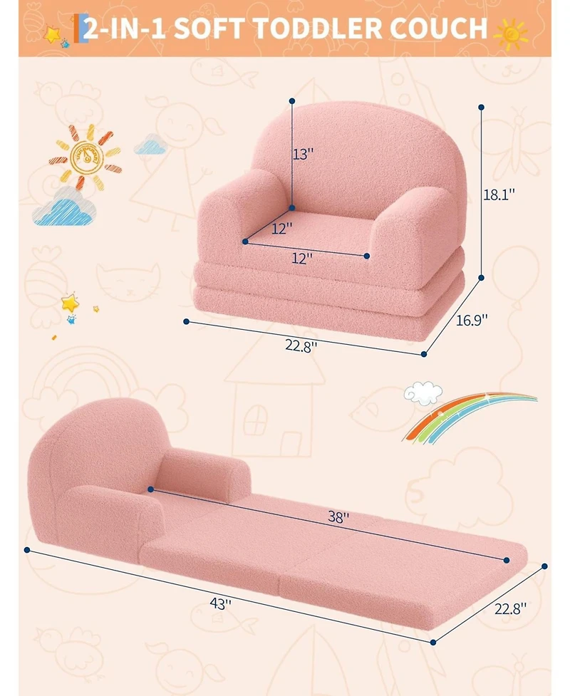 gaomon Kids Couch, 2-in-1 Convertible Teddy Fleece Fabric Toddler Sofa Chair, Soft Fold Out Couch Lounger for Kids, Comfy Children's Sofa Bed