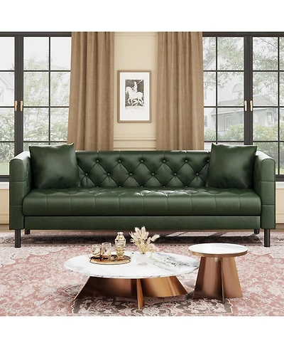 gaomon Leather Couch, Handmade Button Tufted 3 Seater Sofa, Chesterfield Sofa with Deep Seat and 2 Pillows, Leather Sofa for Living Room Apartment