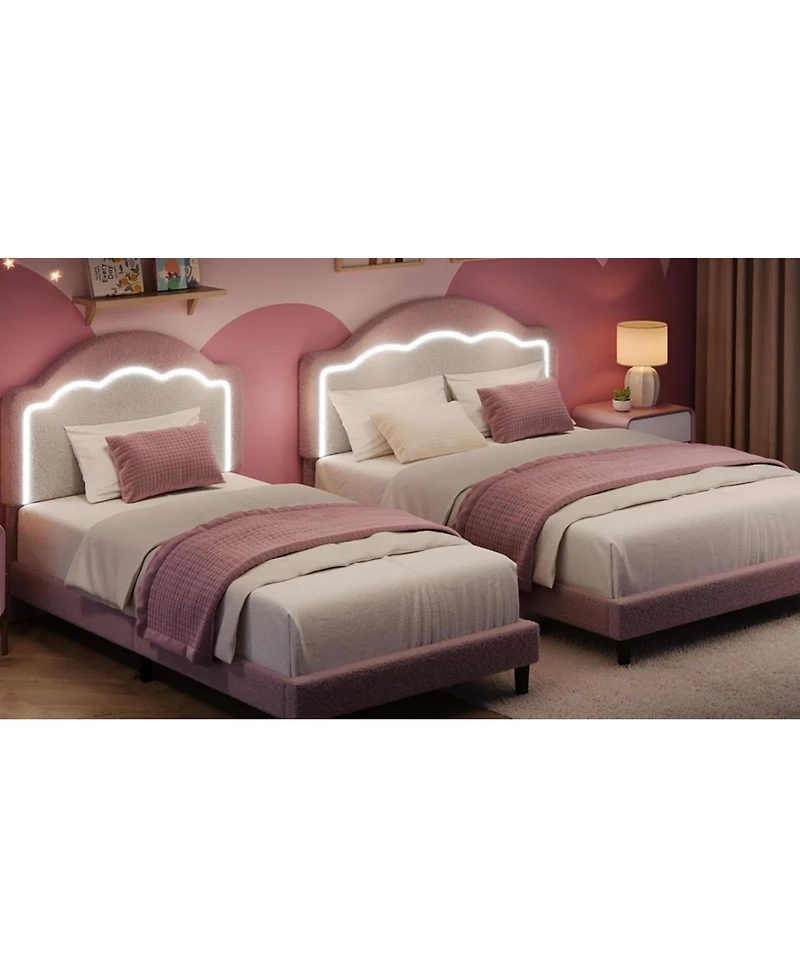 gaomon Bed Frame with Adjustable Headboard, Sherpa Fleece Upholstered Platform Bed Frame with Led Lights, 750 Lb Capacity, Wooden Slats Support