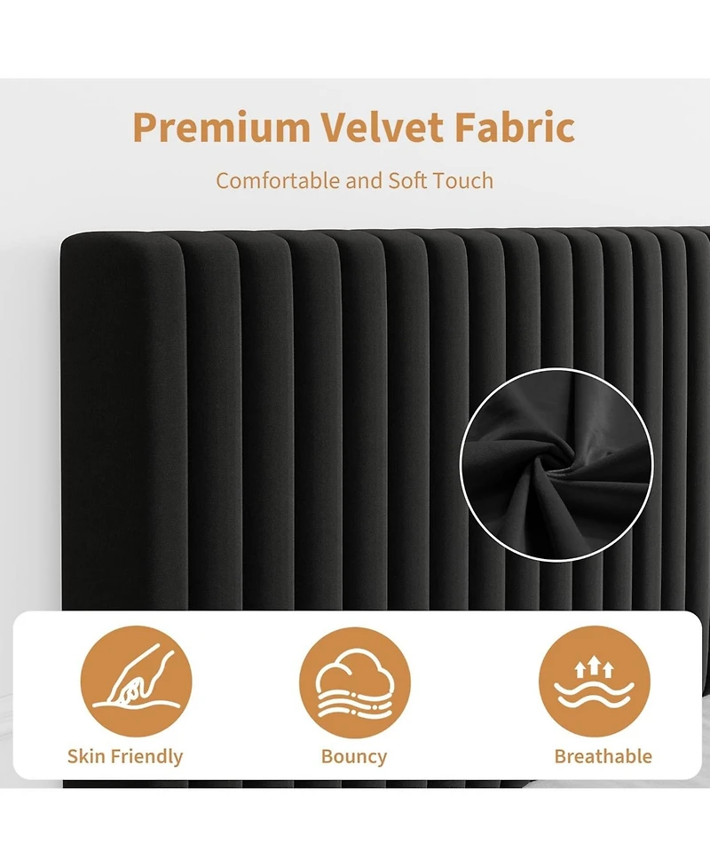 gaomon Queen Size Velvet Platform Bed Frame with Vertical Channel Tufted Adjustable Headboard, Sturdy Wooden Slats, No Box Spring Needed