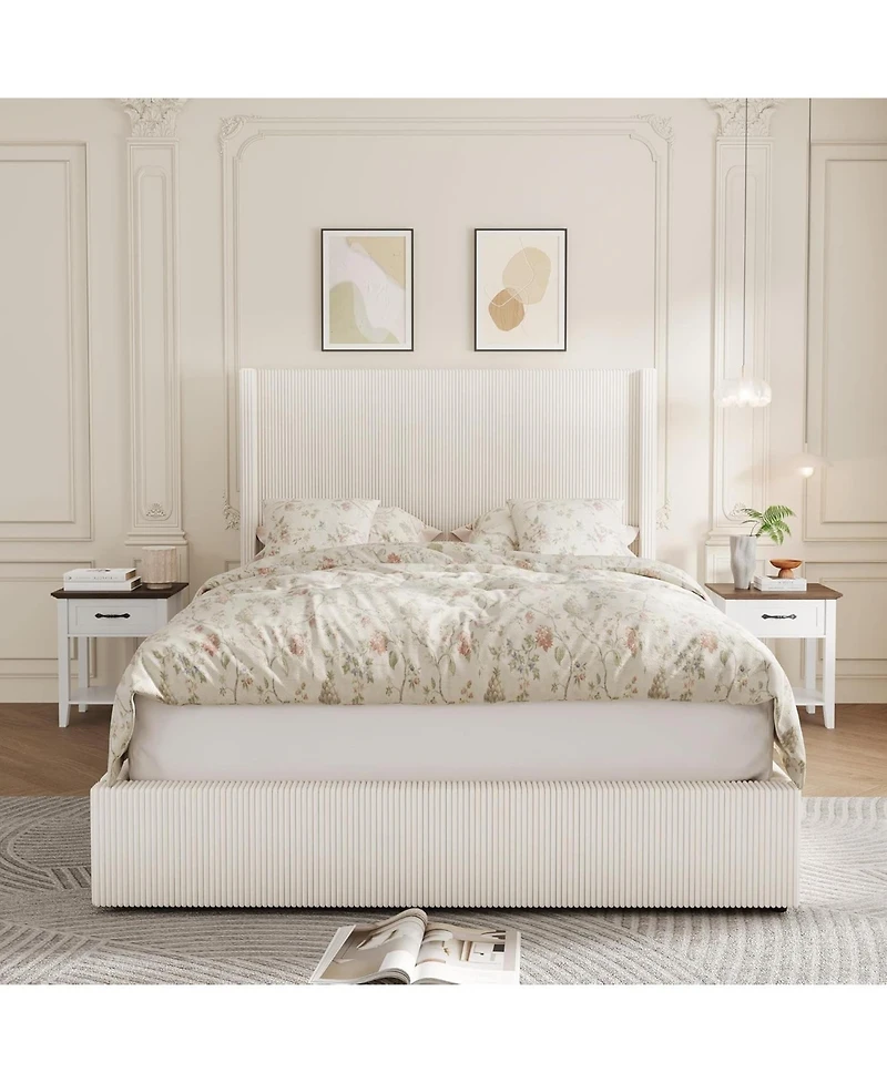 gaomon Queen Bed Frame with Storage Drawers, Corduroy Upholstered Platform Wingback, Tufted Headboard and Footboard