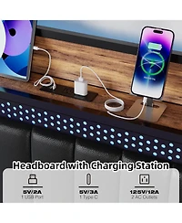 gaomon Queen Bed Frame, Storage Headboard with Charging Station, Led Bed Frame, Upholstered Platform Bed Frame Queen Size, Solid and Stable, No Box