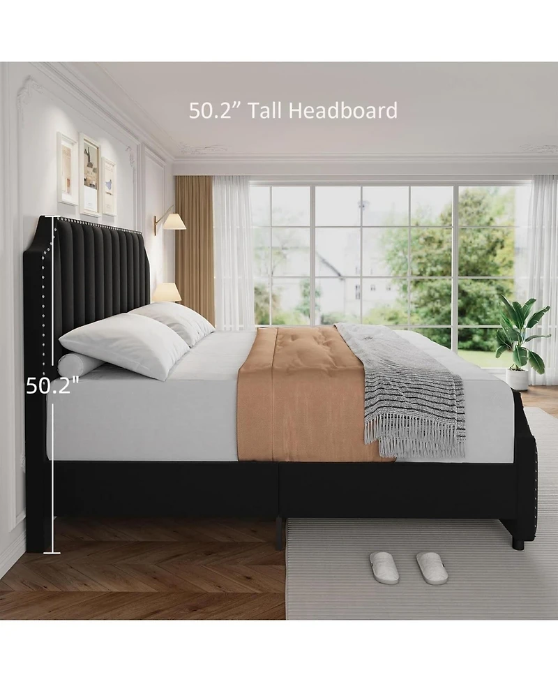 gaomon Bed Frame, Platform Bed Frame with Velvet Upholstered 50.2'' Headboard, Rivet Decoration, Strong Wooden Slats, No Box Spring Needed