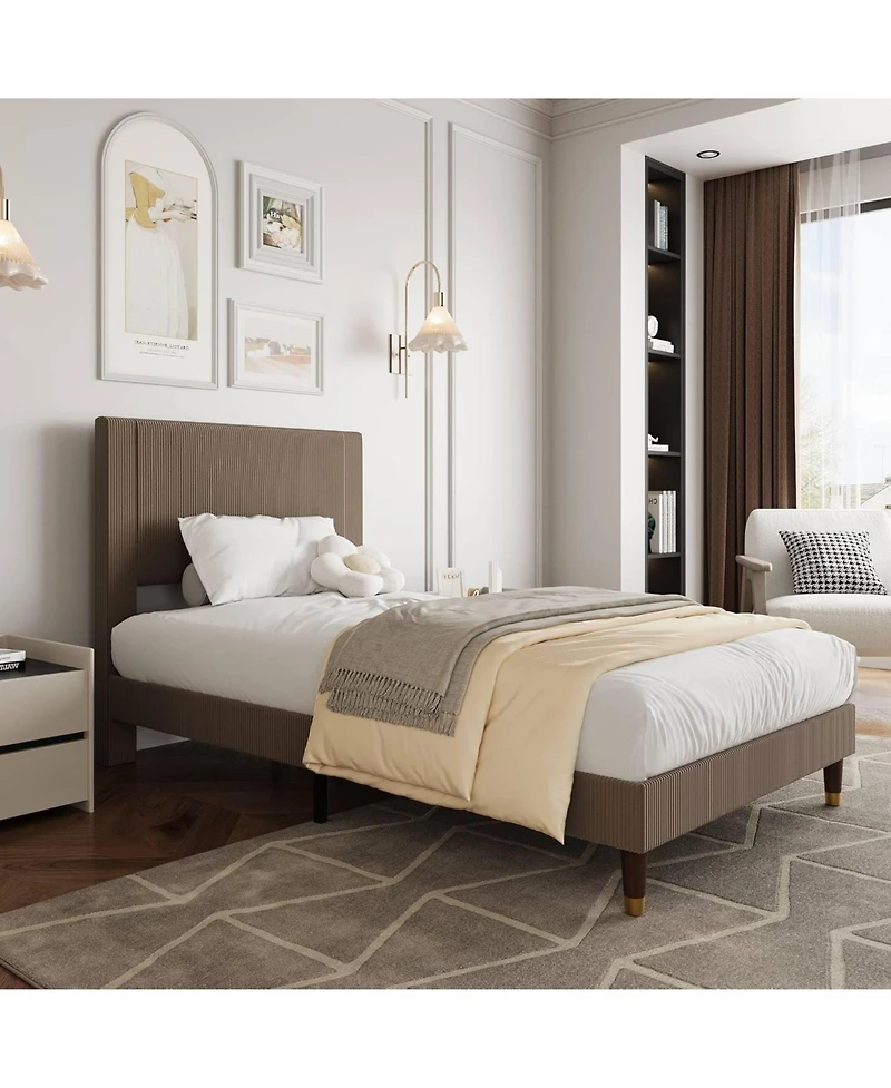 gaomon Twin Corduroy Upholstered Platform Bed Frame with Headboard, Wooden Slats, Compact Design for Apartments