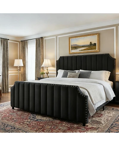 gaomon Queen Platform Bed Frame with 52" Tall Headboard & Footboard, Nailhead Trim, Wooden Slats Support, Noise-Free, Black