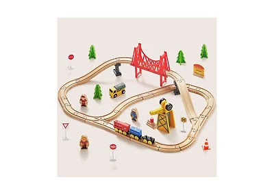 Tiny Land Wooden Track Trains Set for Kids 55 Pcs