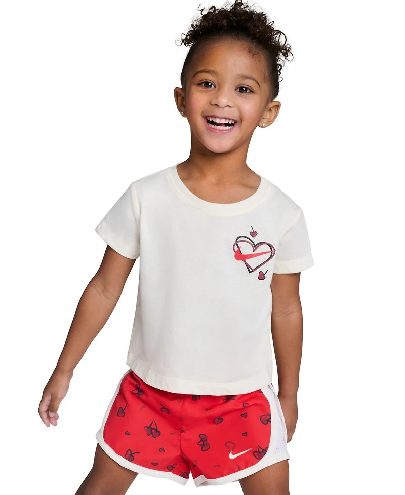 Nike Girls' Toddler 2T-4T Cherry Crewneck T-Shirt and Dri-fit Tempo Shorts, 2-Piece Set