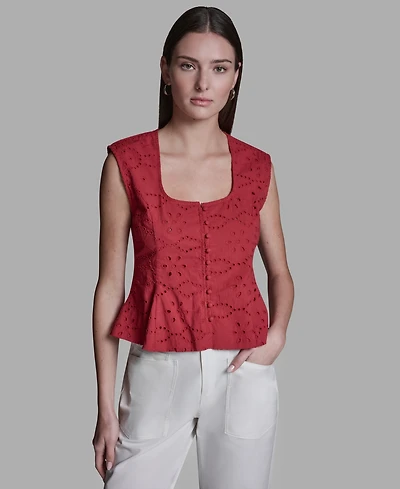 Bcbg Women's Eyelet Detail Sleeveless Square Neck Peplum Top