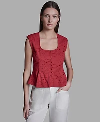 Bcbg Women's Eyelet Detail Sleeveless Square Neck Peplum Top