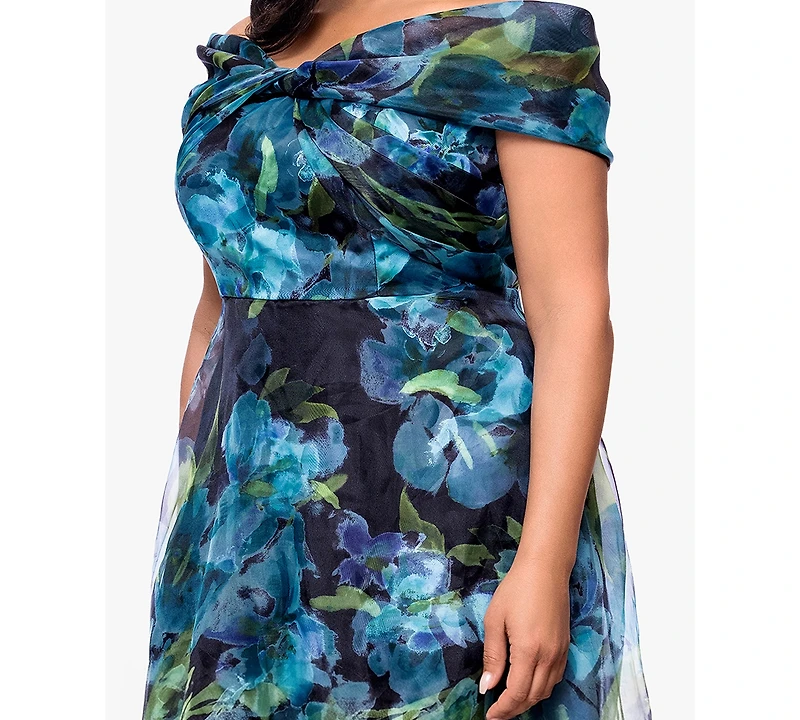 Betsy & Adam Plus Printed Off-the-Shoulder Ball Gown
