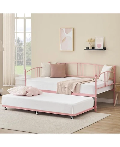 gaomon Twin Metal Daybed with Trundle, Pullout Trundle Bed Frame Arched Headboard, Guest Sofa Steel Slat Support, No Box Spring Required