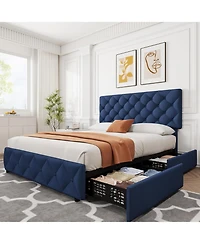 gaomon Full Size Bed Frame with 4 Storage Drawers and Adjustable Headboard, Linen Upholstered Platform Beds