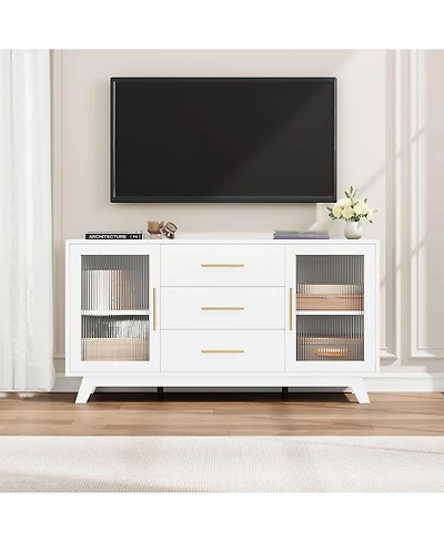 gaomon Modern Farmhouse Buffet Storage Cabinet with Glass Door, 56" Large Sideboard Cabinet with Door/3 Drawers/Adjustable Shelf, Wood Coffee