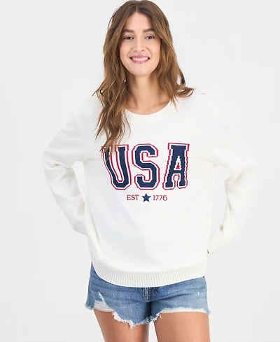 Hooked Up by Iot Juniors' Usa Crewneck Sweater