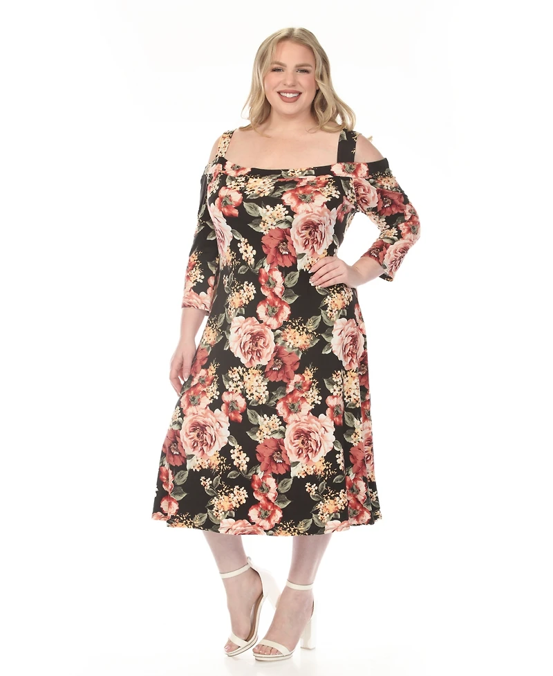 White Mark Plus Cold Shoulder 3/4 Sleeve Dress