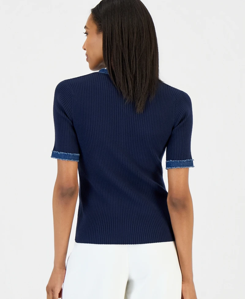T Tahari Women's Denim-Trim Ribbed Short-Sleeve Top