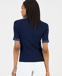 T Tahari Women's Denim-Trim Ribbed Short-Sleeve Top