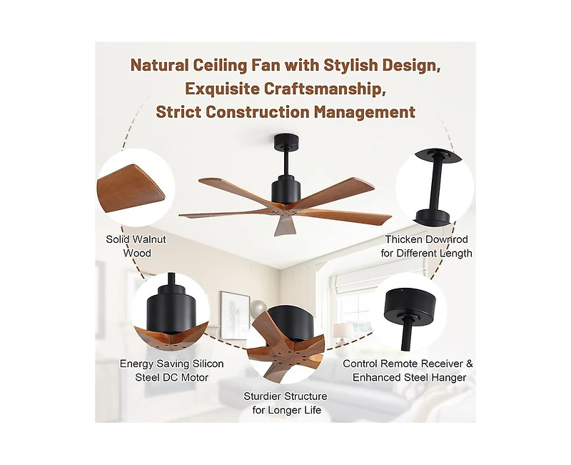 Sofucor 52-inch Modern Black 5-Blade without Light Ceiling Fan with Remote Control and Timing Function