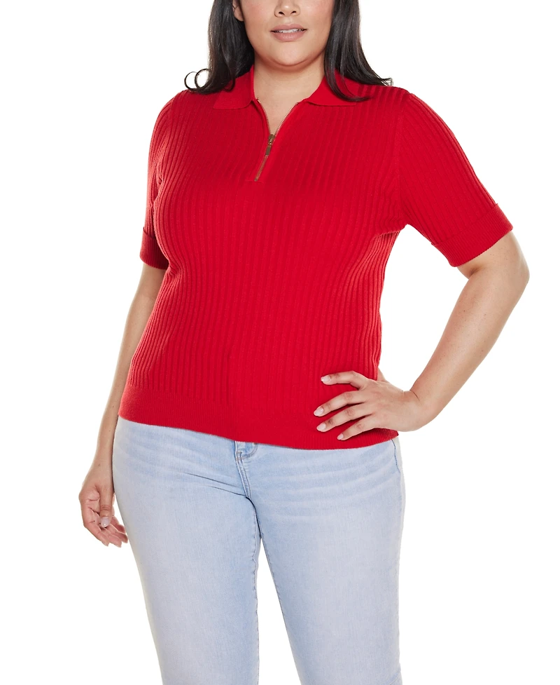 Belldini Plus Collared Quarter-Zip Ribbed-Knit Sweater