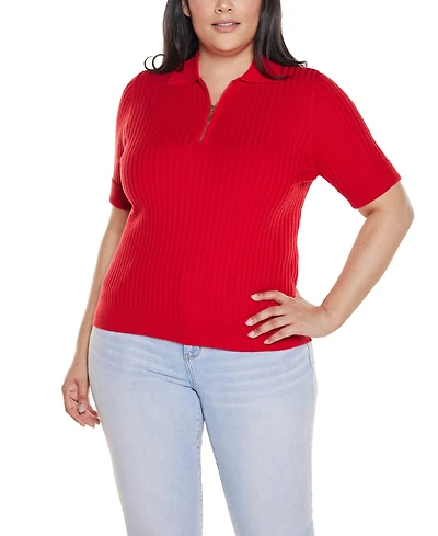Belldini Plus Collared Quarter-Zip Ribbed-Knit Sweater