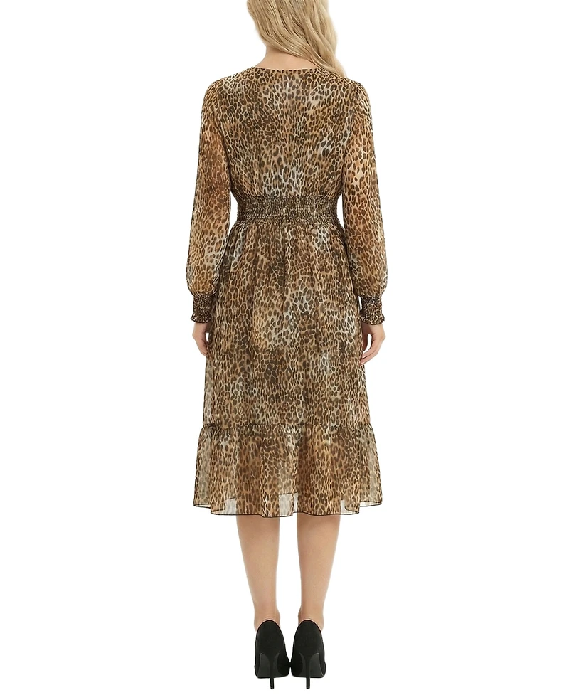 Ny Collection Petite Long Sleeve Clip Dot Chiffon Dress With Smocked Waist and Cuffs