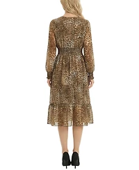 Ny Collection Petite Long Sleeve Clip Dot Chiffon Dress With Smocked Waist and Cuffs