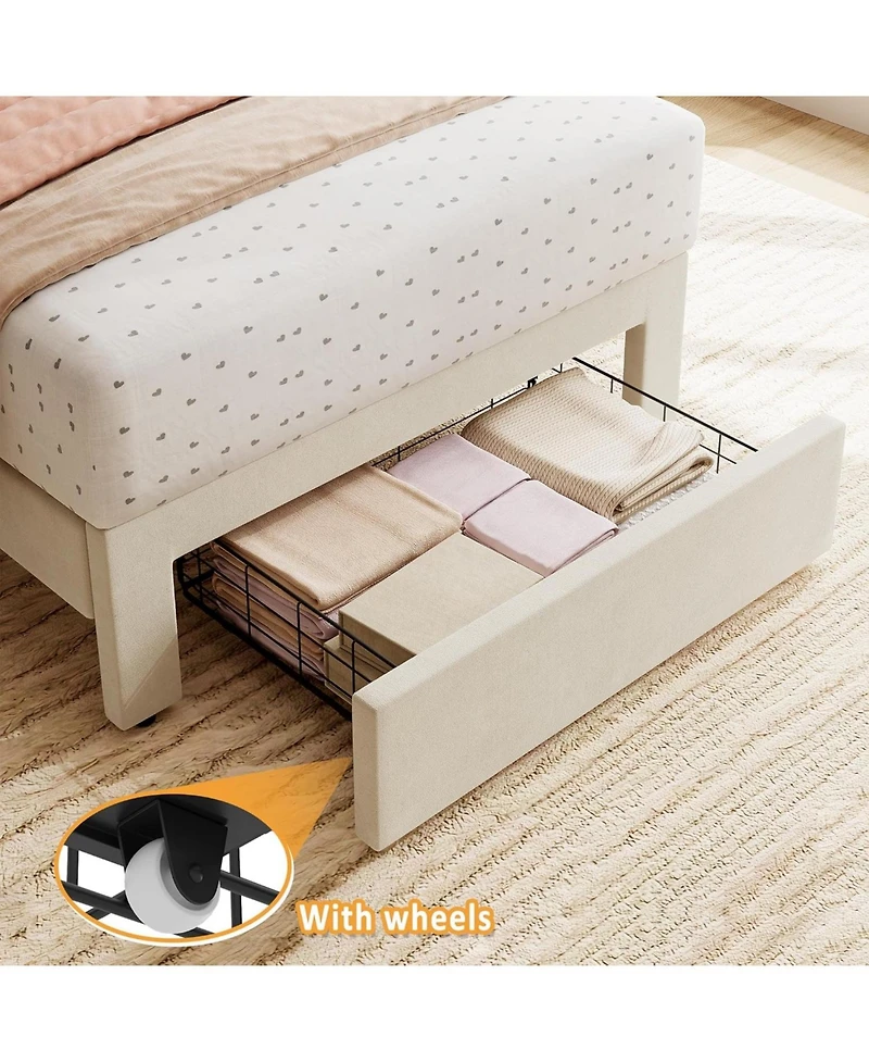 gaomon 2 Sets Twin Bed Frame with Under-Bed Drawer, Upholstered Platform Bed with Wave Headboard for Kids/Girls