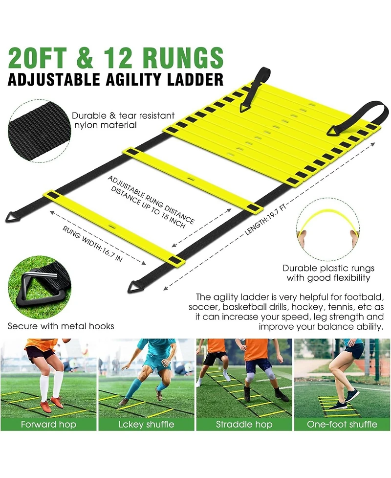 X-umeus 20ft Agility Ladder Training Set with 12 Cones, 4 Hurdles, Jump Rope & Parachute for Soccer, Basketball, Football – Kids to Adults