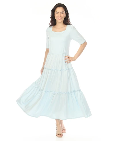 White Mark Women's Square Neck Short Sleeve Tiered Dress