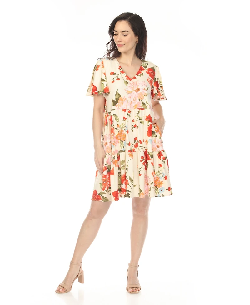 White Mark Women's V-Neck Tropical Flower Short Sleeve Dress
