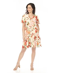 White Mark Women's V-Neck Tropical Flower Short Sleeve Dress
