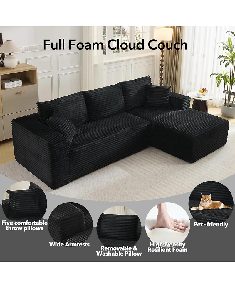 Gaomon 108'' Boneless Sectional Cloud Couches for Living Room L-Shape Corduroy Cloud Sectional Couch with Chaise Modern Modular Sectional Sofa