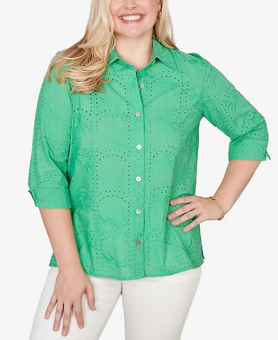 Alfred Dunner Women's Resort Living Eyelet Palm Tree Button Front Top