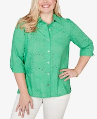 Alfred Dunner Women's Resort Living Eyelet Palm Tree Button Front Top