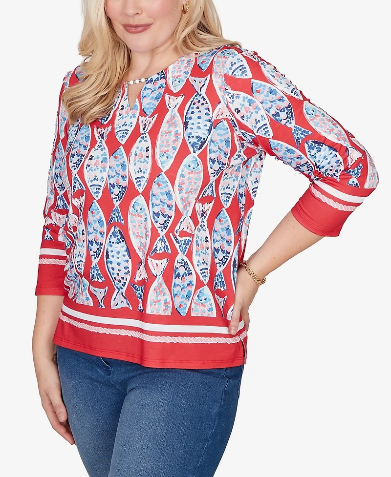 Alfred Dunner Women's Port Side Mosaic Fish Split Beaded Neck Top