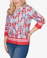 Alfred Dunner Women's Port Side Mosaic Fish Split Beaded Neck Top