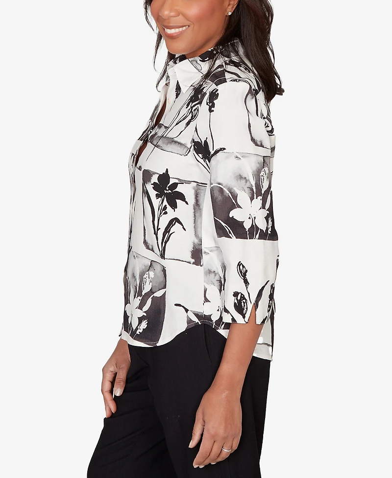 Alfred Dunner Women's Crowd Pleaser Floral Patchwork Button Front Top