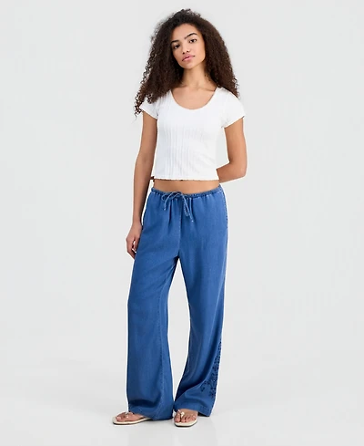 Indigo Rein Juniors' Chambray Eyelet-Hem Drawstring Pants