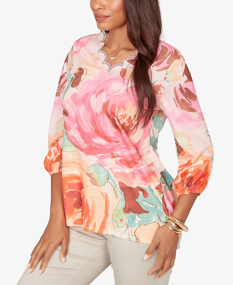 Ruby Rd. Petite Scalloped Neck Bold Floral Knit Top