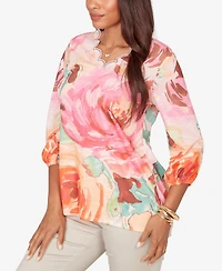 Ruby Rd. Petite Scalloped Neck Bold Floral Knit Top
