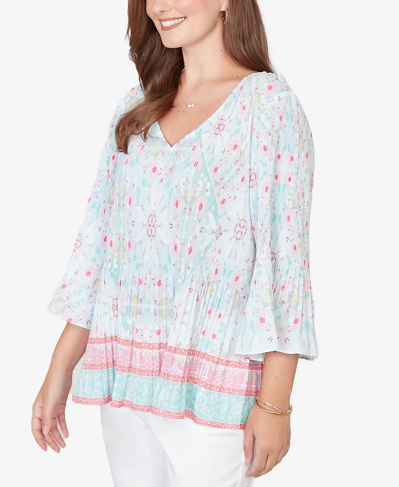 Ruby Rd. Petite Pleated Tapestry Print Bell Sleeve Blouse