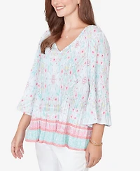 Ruby Rd. Petite Pleated Tapestry Print Bell Sleeve Blouse