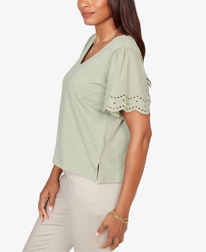 Ruby Rd. Petite Eyelet Poplin Sleeve Slub Knit Top