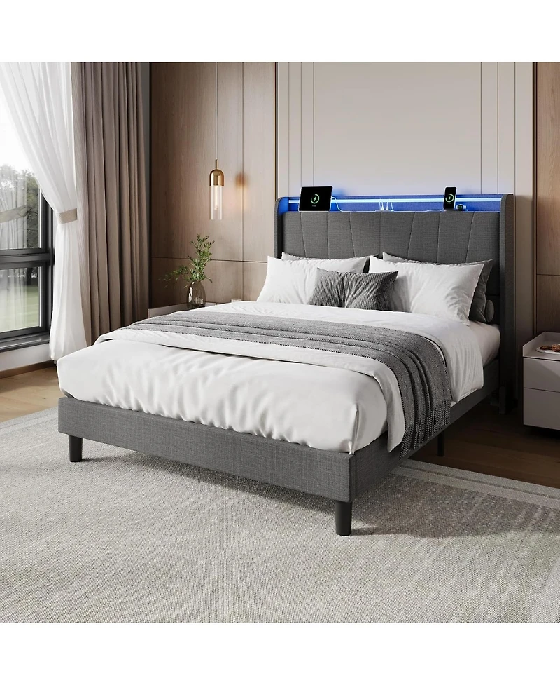 gaomon Bed Frame with Charging Station and Led Lights, Modern Platform Bed with Wooden Slats, Upholstered Headboard, No Box Spring Needed