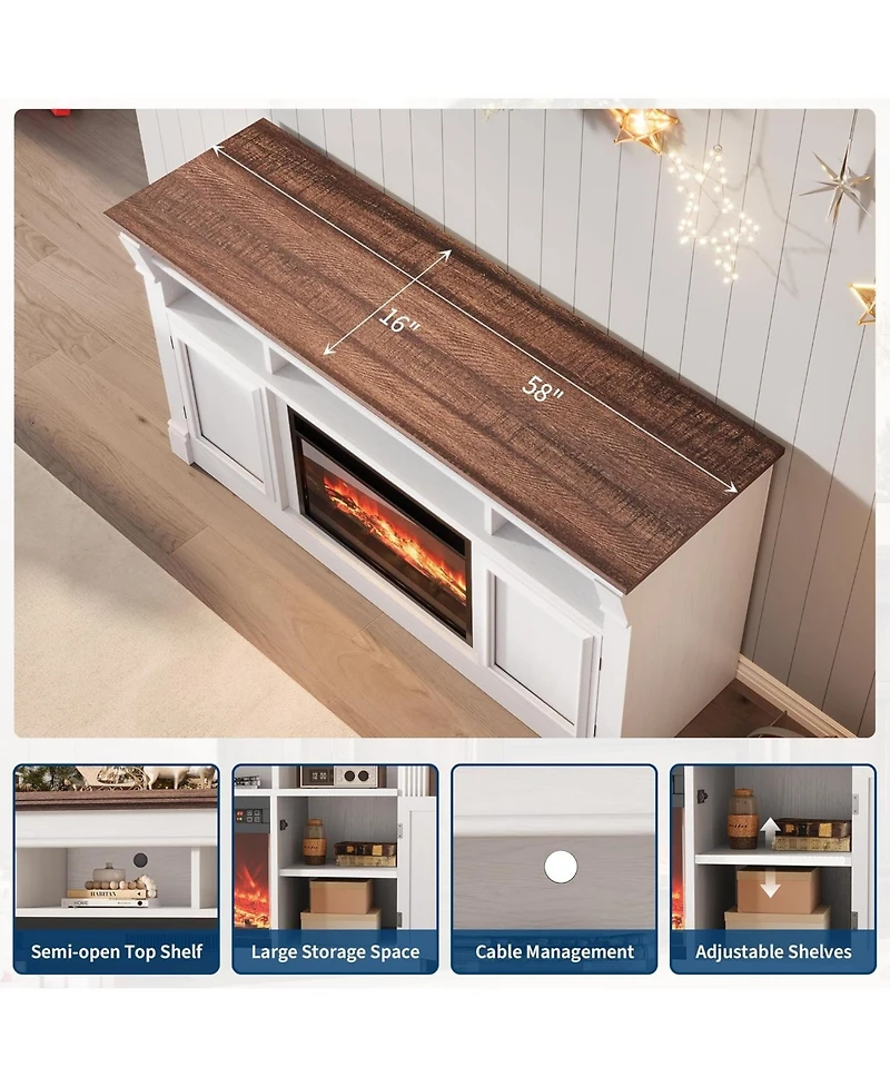 gaomon 58" Farmhouse Wood Fireplace Tv Stand with Open Storage Cabinets Entertainment Center for TVs up to 75"