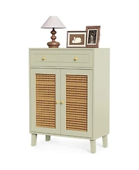 Rainsken Mint Green Shoe Cabinet, 4-Tier Rattan Shoe Rack, Freestanding Shoe Storage Organizer with Adjustable Shelf and Drawer for Entryway, Hallway